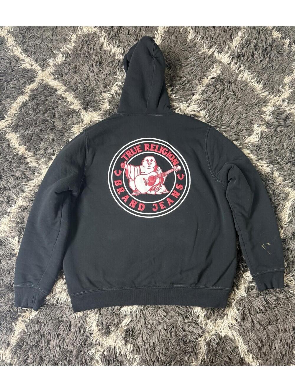 True Religion Sherpa Lined Hoodie Mens XL Black Full Zip Buddha Back Graphic